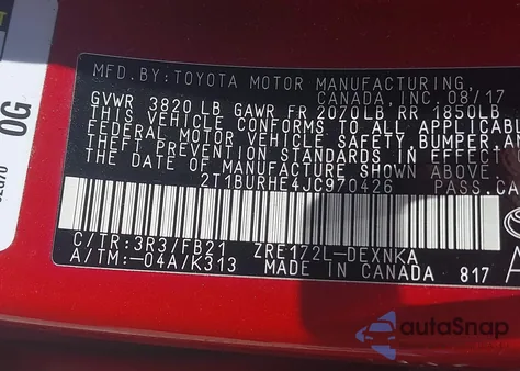 2018 Toyota Corolla Le z USA, uszkodzony, nr VIN 2T1BURHE4JC970426